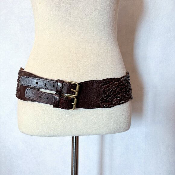 Woven Real Leather Double Buckle Belt Hippie Boho Festival Brown Extra Wide Sz L main image 5